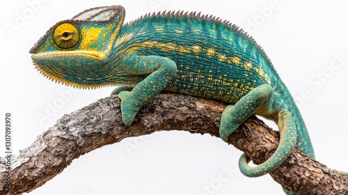 A vibrant chameleon perches on a branch, showcasing its mesmerizing blue-green scales. Its expressive eyes survey the surroundings while yellow accents adorn its intricate skin—a captivating close-up 