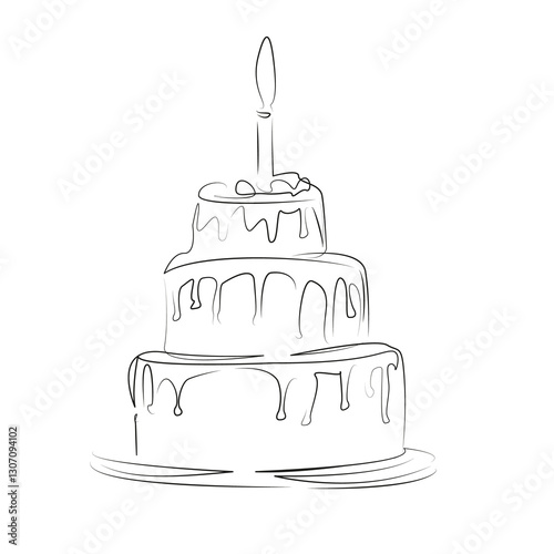 One continuous line art drawing flat illustration candle, birthday, celebration, cake, birthday cake, food, sweet, party, baked. Isolated image hand draw outline on white background