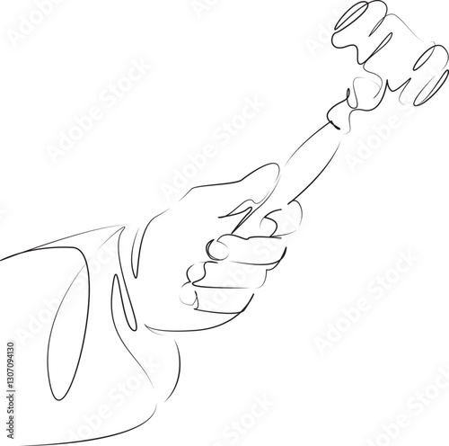 One continuous line art drawing flat illustration gavel, decision, authority, law, judgement, courtroom, hammer, judge, human hand. Isolated image hand draw outline on white background