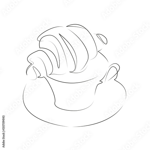 One continuous line art drawing flat illustration croissant, cafe, cup, drink, hot drink, breakfast, food, morning, espresso, snack. Isolated image hand draw outline on white background