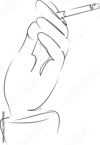 One continuous line art drawing flat illustration person, cigarette, hand, addiction, holding, nicotine, finger, smoke, unhealthy. Isolated image hand draw outline on white background