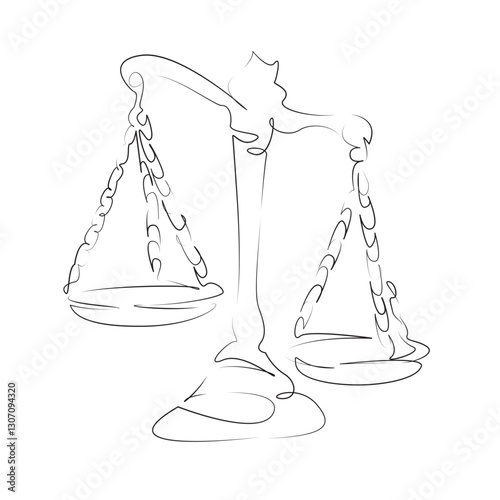 One continuous line art drawing flat illustration scale, lawyer, law, judgement, balance, equality, court, justice, freedom, gold. Isolated image hand draw outline on white background