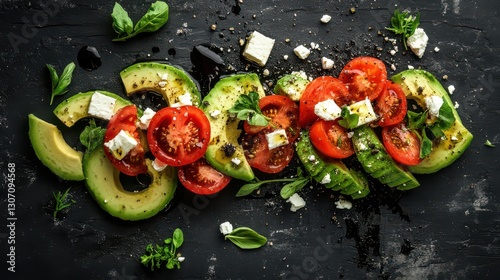A fresh avocado and tomato salad, sprinkled with feta cheese and dressed with balsamic vinegar and olive oil.