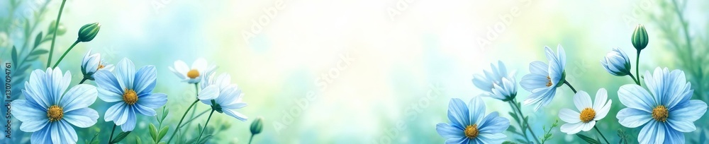 Delicate watercolor flowers in shades of blue and green creating a tranquil spring background, blue, illustration, tranquil Delicate watercolor flowers in shades of blue and green creating a tranquil spring background, blue, illustration, tranquil