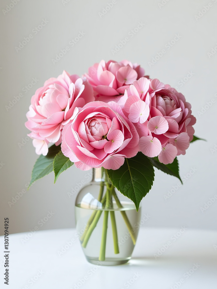 Fototapeta premium A Beautiful Bouquet Of Pink Hydrangeas Adorns A Crisp White Table, Adding A Touch Of Elegance To The Empty Space Around It.