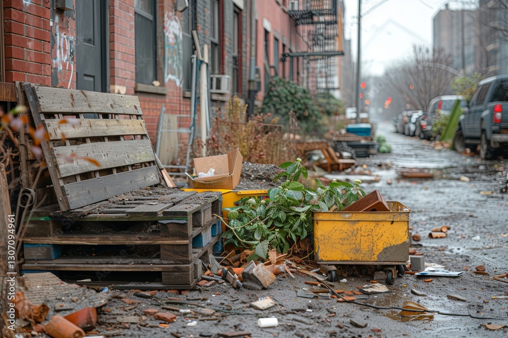 Obraz premium Pile of trash and debris is on the sidewalk in front of building. Scene is dirty and unkempt, with sense of neglect and abandonment