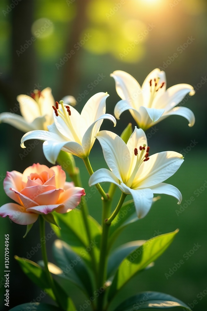 Delicate white lilies and rose blossoms in a sunlit garden setting, rose, delicate Delicate white lilies and rose blossoms in a sunlit garden setting, rose, delicate