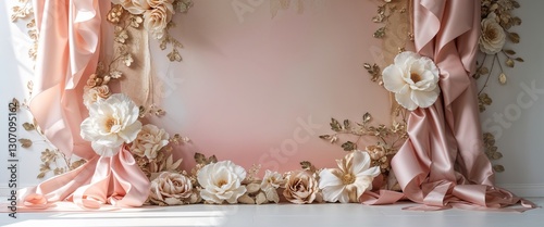 A beautifully arranged birthday backdrop with delicate flowers and satin ribbons in soft pink and cream hues. Perfect for creating a lovely atmosphere for celebrations