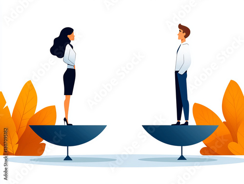 Balancing gender equality in workplace with woman and man on scales