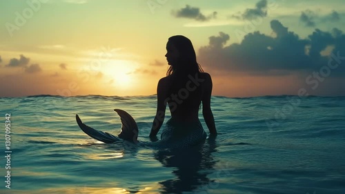 A serene silhouette of a mermaid at sunset, immersed in tranquil ocean waves