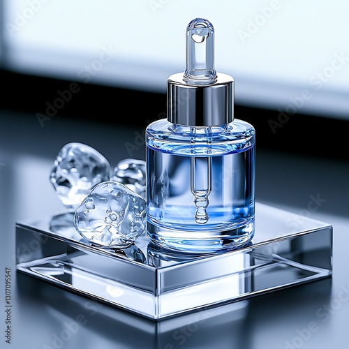Clean skincare aesthetic, tranexamic acid serum in transparent dropper, icy blue formula, soft-focus skin, modern clinical lab-inspired design, sharp lighting  photo