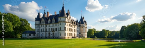 Majestic Chateau de Vincennes under sunny skies, French flag waving , sunny, ancient