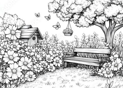 Coloring Garden Bench with Flowers, Birds, and Butterflies