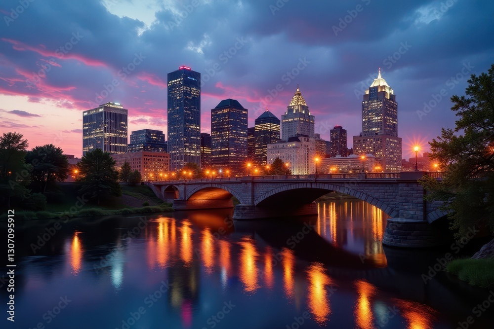 Fototapeta premium Minneapolis skyline, Stone Arch Bridge at dusk Stunning cityscape view , photography, Minneapolis
