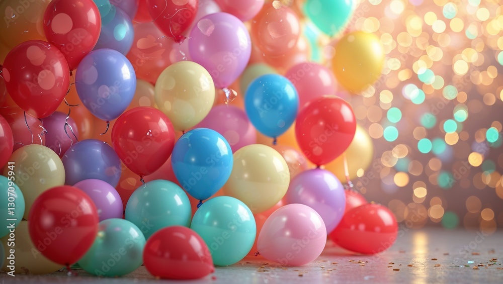 A collection of colorful balloons in various shades adds joy to a birthday celebration. The warm, bright lights and festive decor enhance the celebratory mood in the room A collection of colorful balloons in various shades adds joy to a birthday celebration. The warm, bright lights and festive decor enhance the celebratory mood in the room
