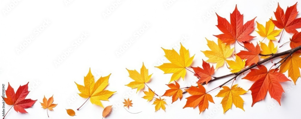 Freshly fallen leaves on a white background with isolated branches, color, seasonal change Freshly fallen leaves on a white background with isolated branches, color, seasonal change