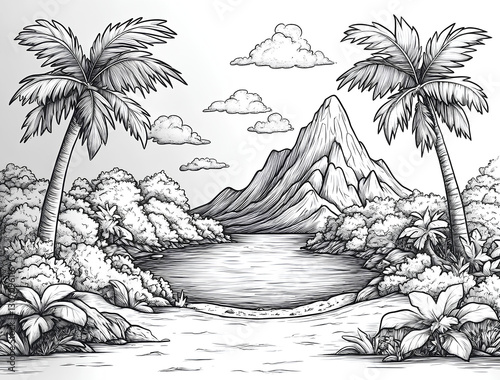 Coloring Tropical Island with Mountain and Palm Trees