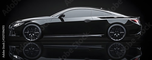 Sleek black coupe car showcased on a reflective surface