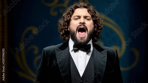 Opera Singer Performing on Theater Stage. Tenor sings a long high note