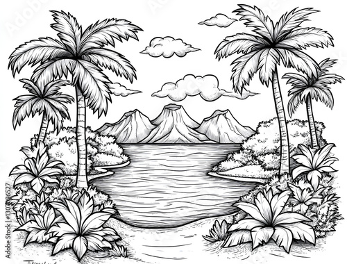 Tropical Paradise with Palm Trees and Mountain View