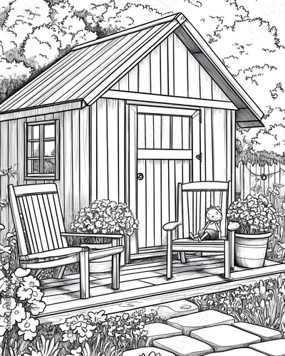 Charming Garden Shed with Chairs and Flower Pots