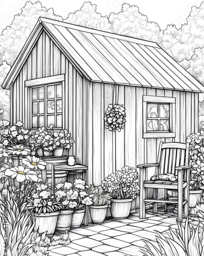 Cozy Garden Shed with Flower Pots and Chair