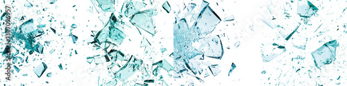 Shattered blue crystal glass fragments in an abstract geometric pattern  Broken and scattered translucent pieces with a 3D rendered digital art effect for wallpaper graphic design or creative concept