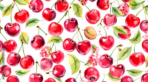Seamless kids pattern with watercolor cherry pattern, kids abstract illustration on white background