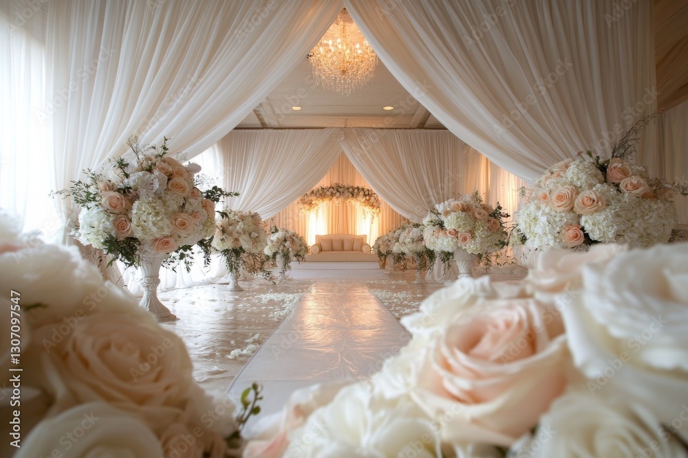 Wedding reception hall with white curtains and flowers
