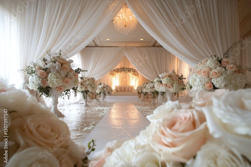 Obraz na płótnie Wedding reception hall with white curtains and flowers w salonie