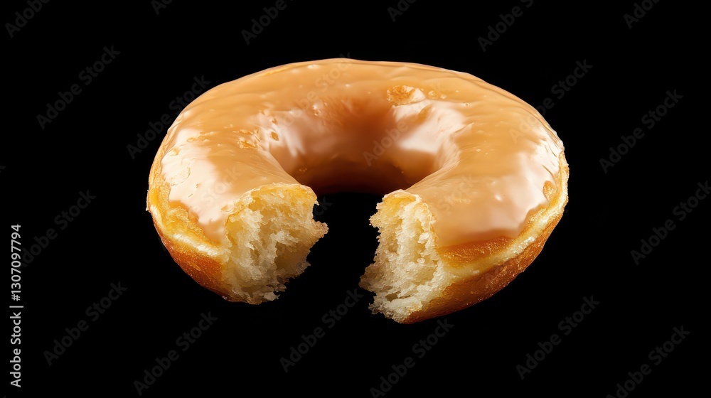 A glazed donut with a bite taken out of it, placed on a solid black background to emphasize the deliciousness of the donut. A glazed donut with a bite taken out of it, placed on a solid black background to emphasize the deliciousness of the donut.