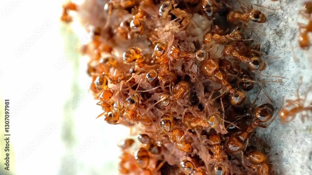 Vibrant close-up image showcasing a group of ants persistently collaborating in their intricate ecosystem. Demonstrates impressive teamwork and highlights the wonders of nature's