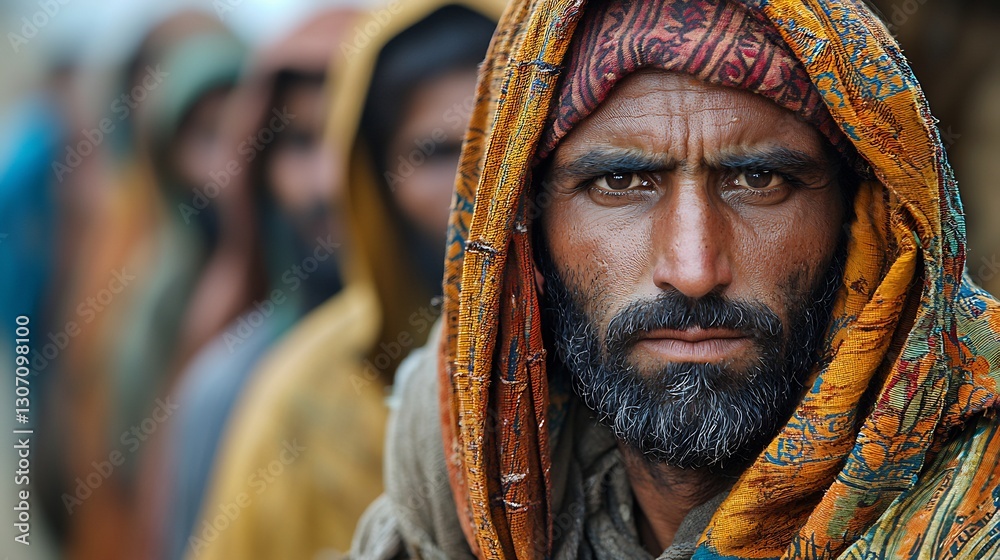 Obraz premium Workers benefiting a social program in an Indo Pak village receiving goods and pensions They are dressed in traditional clothing symbolizing hope for a better life amidst their daily struggles