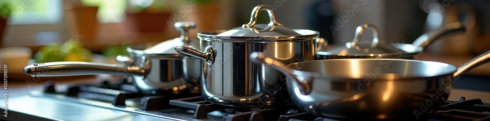 Gleaming stainless steel cookware set Close-up view , food prep, chef Gleaming stainless steel cookware set Close-up view , food prep, chef
