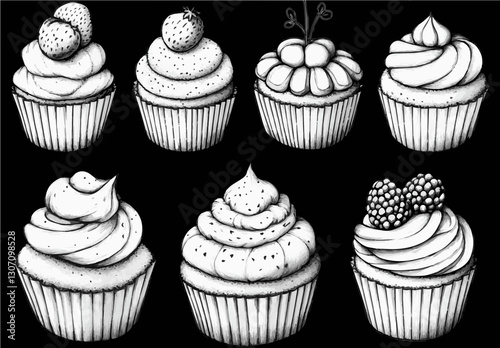Hand-drawn cupcakes with Various Frosting and Toppings