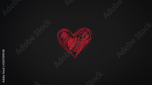 Red hand-drawn heart on a black background, symbolizing love and affection, suitable for various designs photo