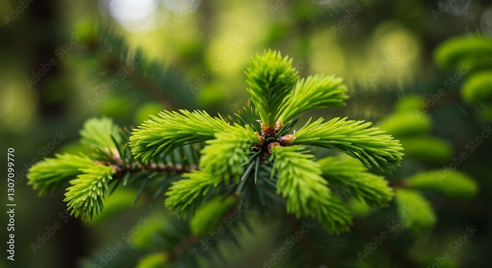 Vibrant green springtime conifer branch glows softly. AI Generated Vibrant green springtime conifer branch glows softly. AI Generated