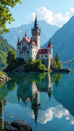 Medieval castle reflected in Lake Annecy's calm waters , fortifications, stone