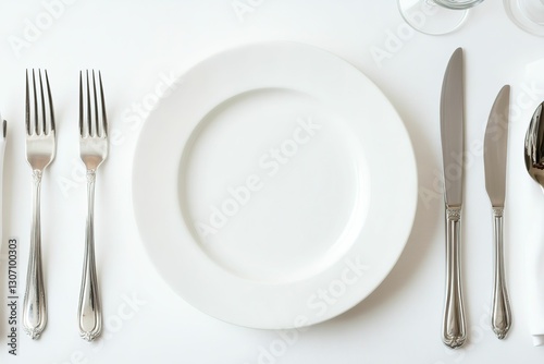 A white plate with a fork, knife, and spoon on it