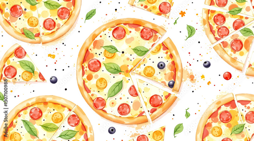 Seamless watercolor pattern featuring isolated pizza slices on a clean white background ideal for fast food and Italian cuisine designs