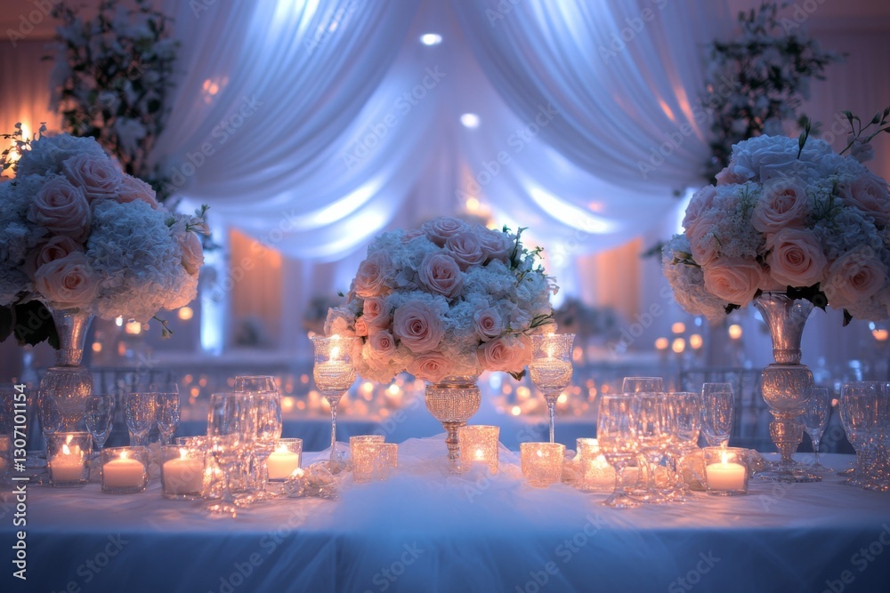 Wedding table with white tablecloth and centerpiece of flowers