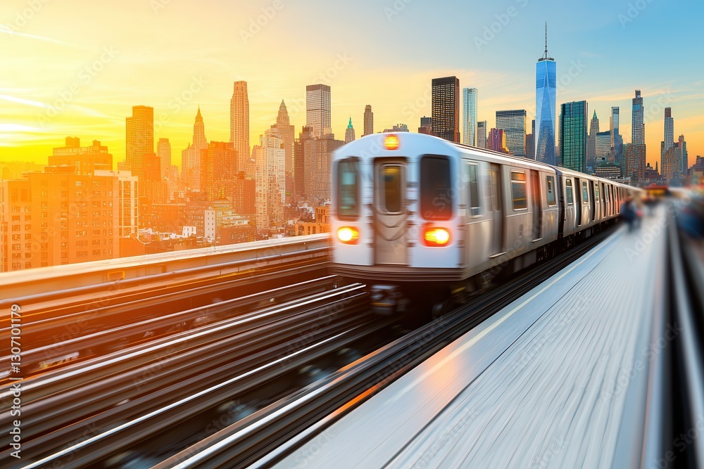 Fototapeta premium A blurred figure rushing to board a crowded subway train, urban grunge, neon lights reflecting on metal surfaces, kinetic energy. , closes up