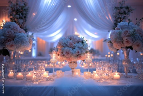 Obraz na płótnie Wedding table with white tablecloth and centerpiece of flowers w salonie