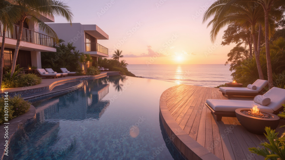 Obraz premium Luxurious villa with stunning ocean view at sunset, featuring serene pool and tropical landscaping