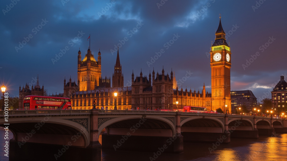 Fototapeta premium London skyline at dusk featuring Big Ben, Houses of Parliament, and red buses. beautiful cityscape with illuminated architecture