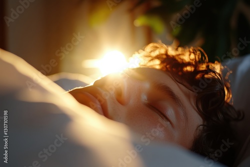 A captivating image of a young man asleep, with warm sunlight creating a dreamy ambiance, further emphasizing the serene beauty of untroubled moments of rest.