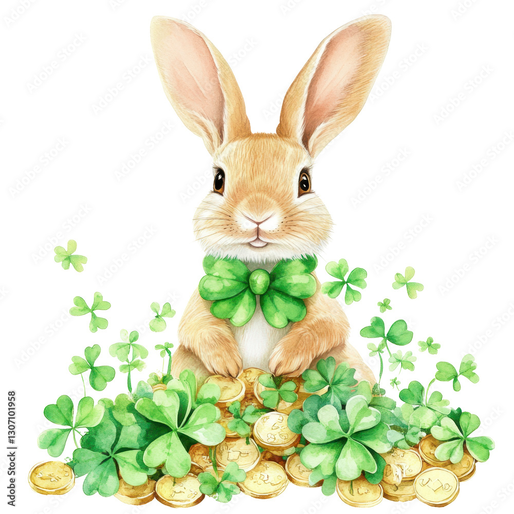 Obraz premium Lucky Bunny's Treasure: An adorable bunny, adorned with a vibrant green bow tie, sits amidst a trove of gold coins and lucky shamrocks, radiating charm and whimsical delight.