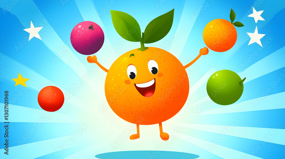 A joyful fruit character with a big smile juggles vibrant orbs in a lively, colorful setting A joyful fruit character with a big smile juggles vibrant orbs in a lively, colorful setting