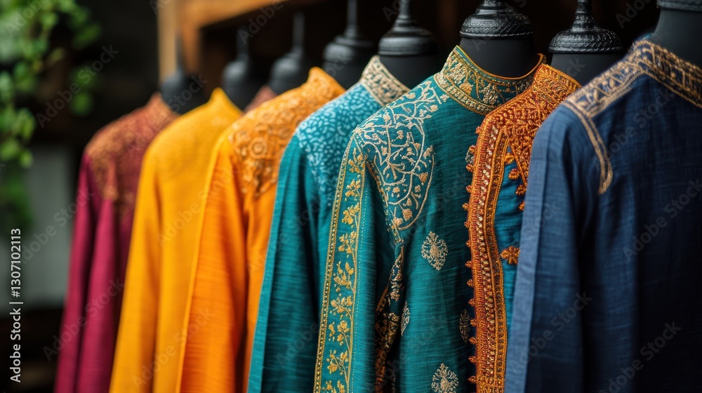 Colorful embroidered men's shirts on display. Colorful embroidered men's shirts on display.