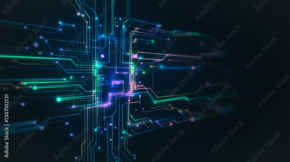 Obraz premium Circuitry: Captivating Digital Connection: A mesmerizing display of interconnected circuits, bathed in radiant neon colors, evokes the essence of advanced technology and seamless data flow.